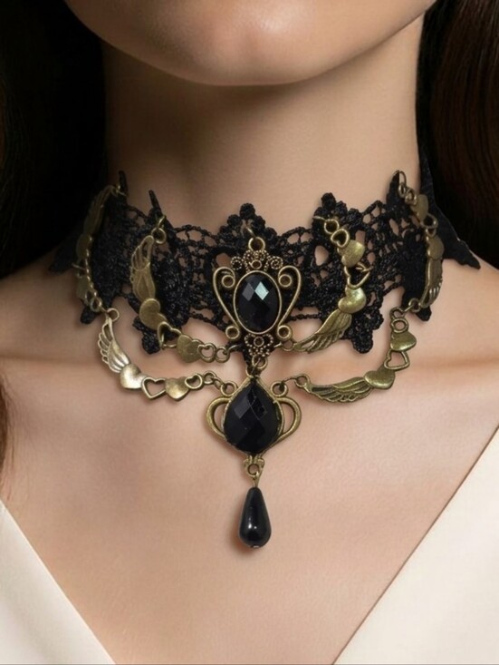 Jewelry - Gothic Victorian Lace Choker Black Gem Steampunk Lolita Vampire Necklace Hearts
